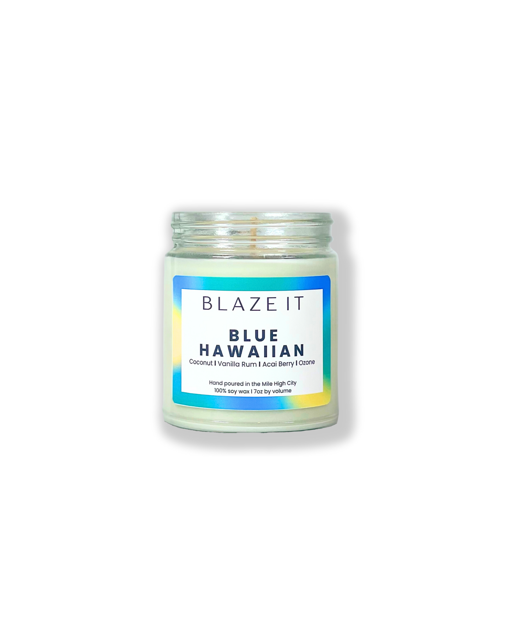 Blue Hawaiian 7oz single wick candle with notes of Coconut, Vanilla Rum, Acai Berry and Ozone l Blaze It Candle Co