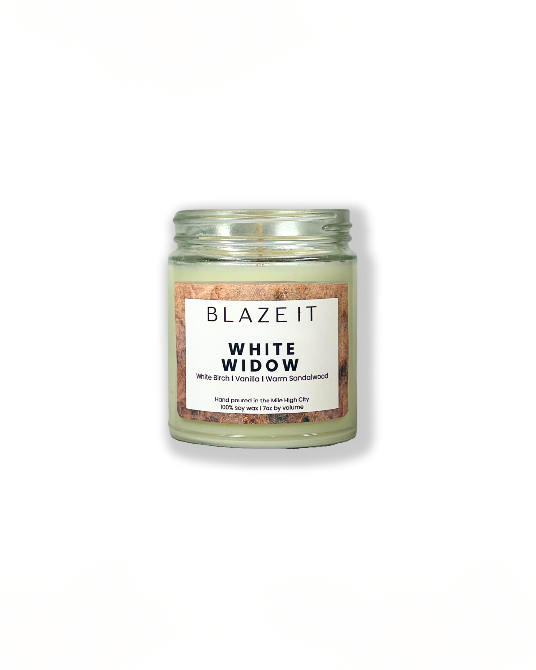 White Widow 7oz single wick candle with notes of White Birch, Vanilla and Warm Sandalwood